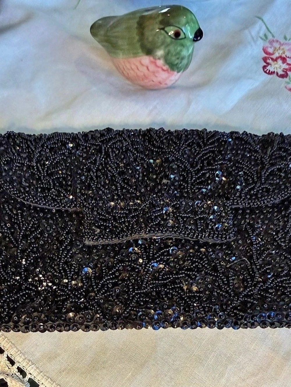 Bon Soir Mid-Century Black Beaded & Sequin Evening Clutch Bag Vintage